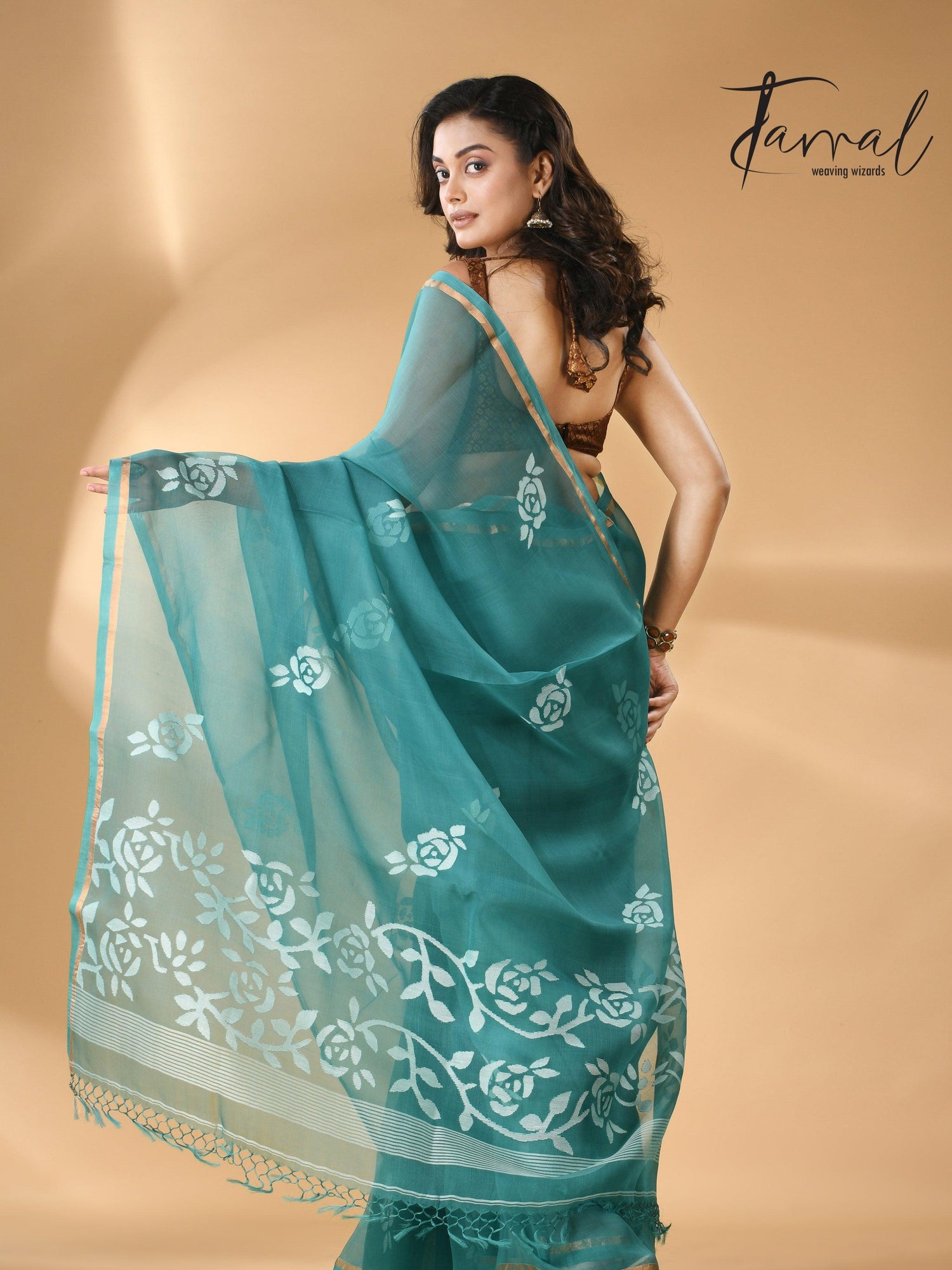 Handwoven needle work  muslin silk jamdani saree with teal blue motifs back