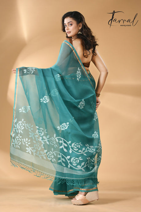 Handwoven needle work  muslin silk jamdani saree with teal blue motifs back