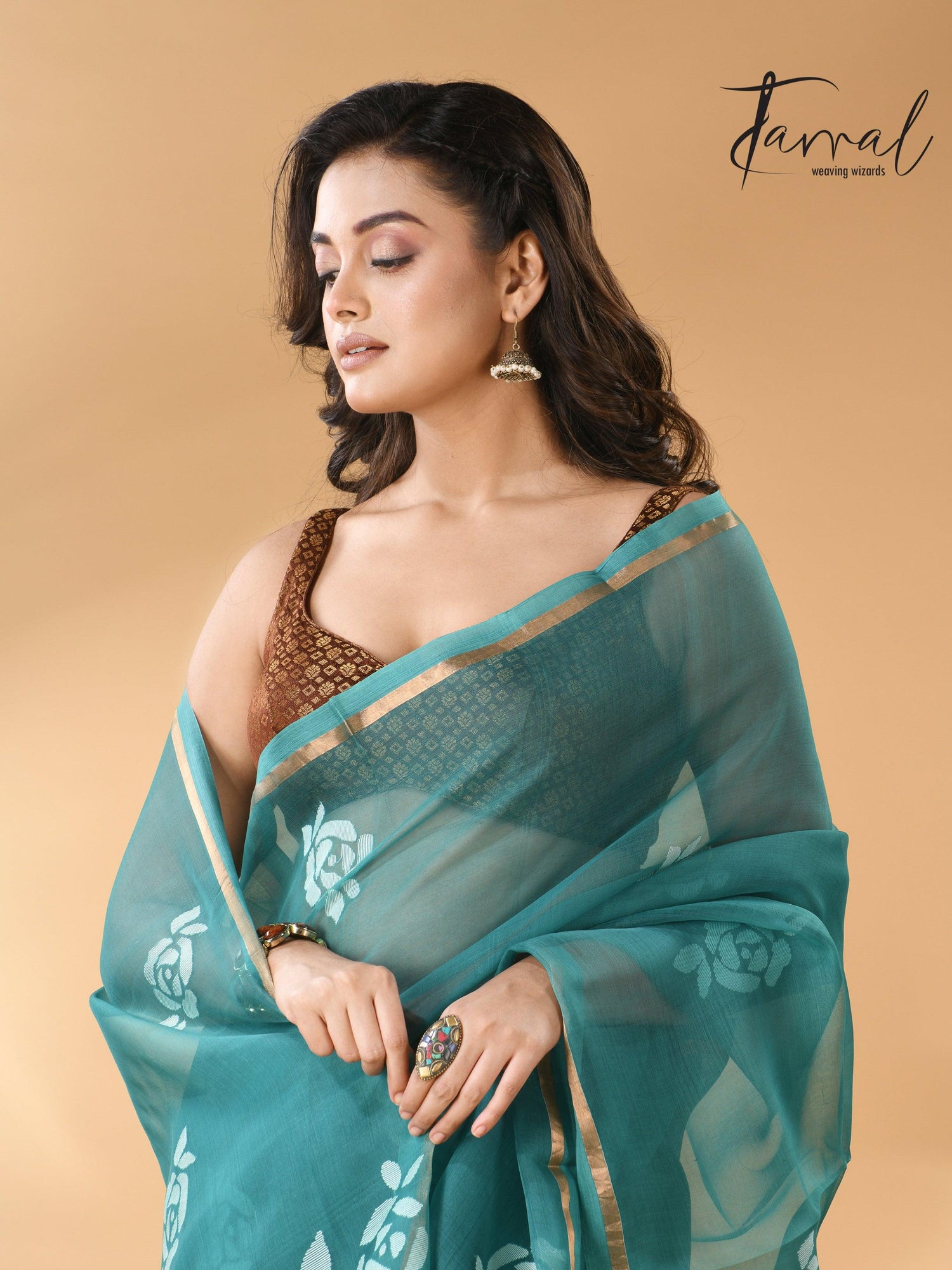 Handwoven needle work  muslin silk jamdani saree with teal blue motifs clp