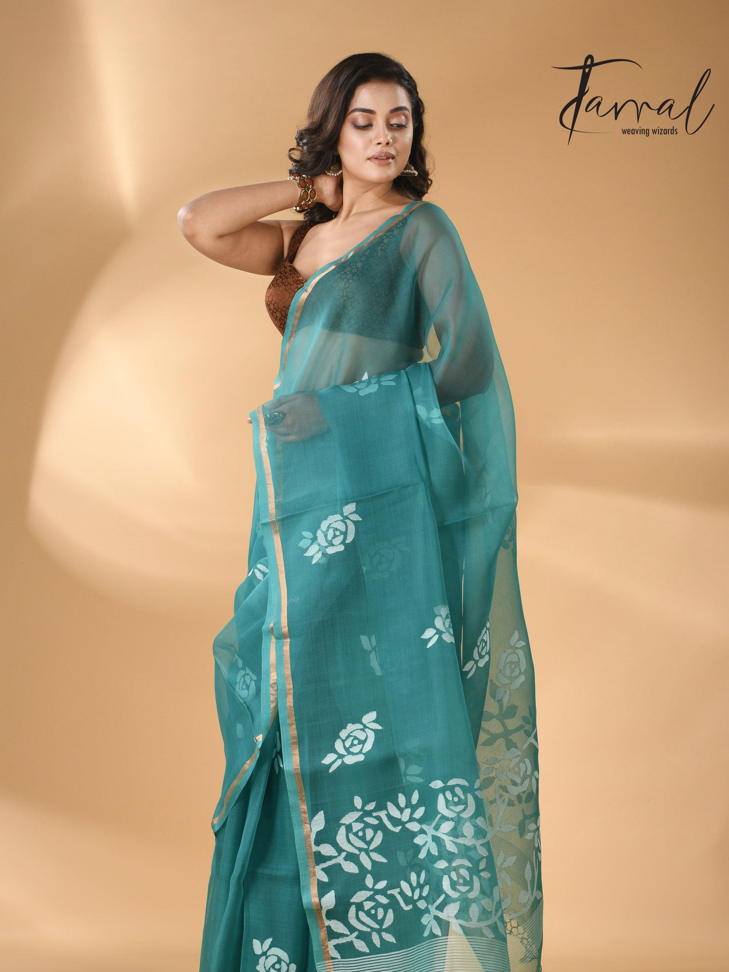 Handwoven needle work  muslin silk jamdani saree with teal blue motifs full