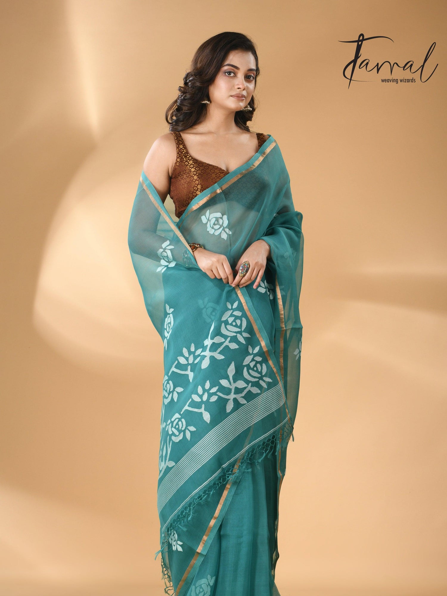 Handwoven needle work  muslin silk jamdani saree with teal blue motifs right
