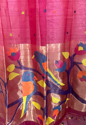 Hot Pink colour with zari border love bird pure organza silk paithani handwoven jamdani saree - Tamal Boutique