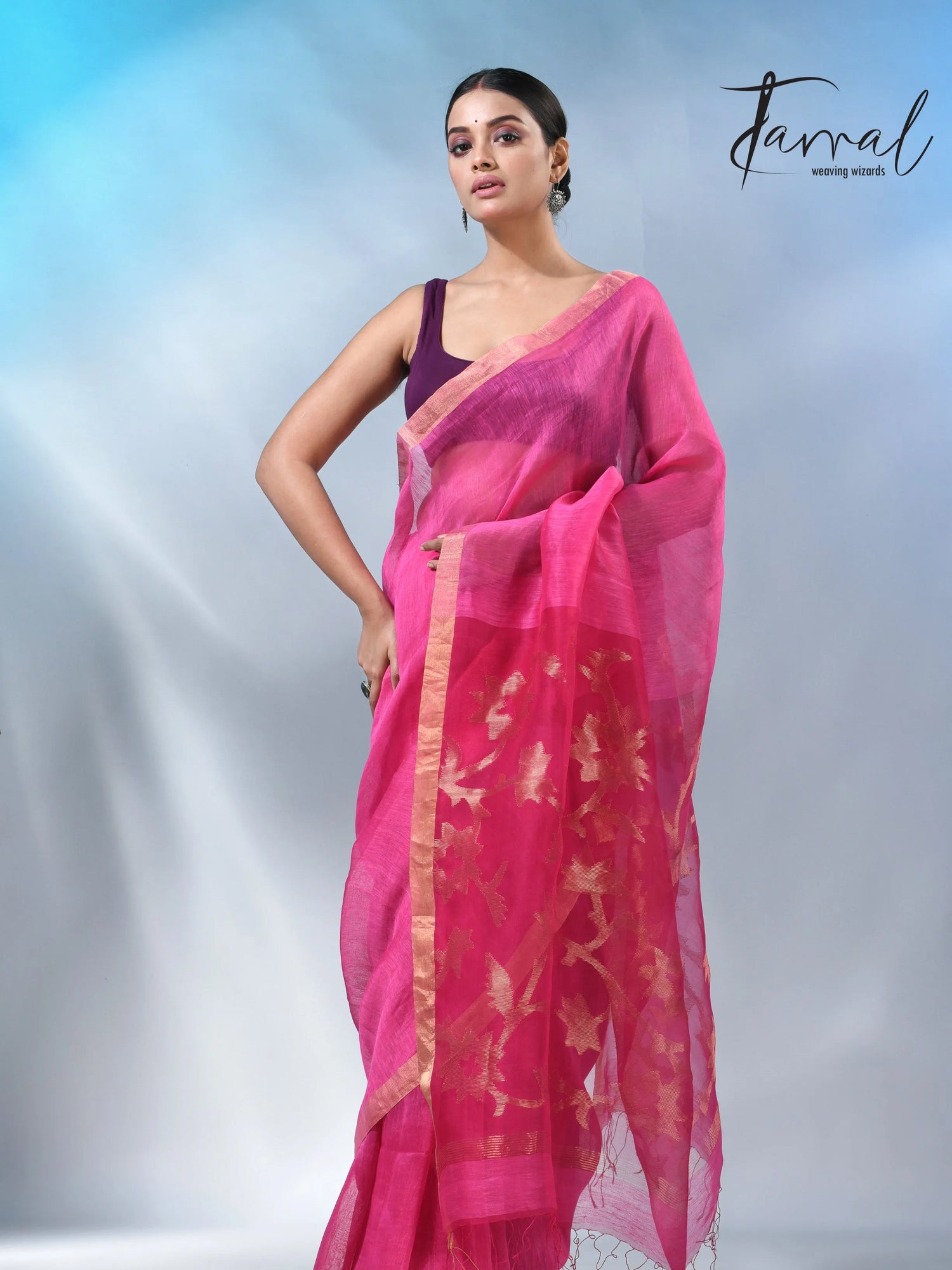 Hot Pink sunflower pallu silk linen handwoven jamdani saree