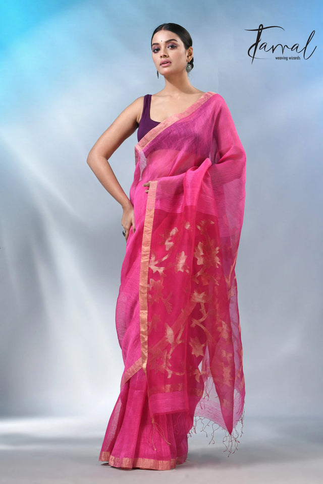 Hot Pink sunflower pallu silk linen handwoven jamdani saree