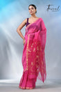 Hot Pink sunflower pallu silk linen handwoven jamdani saree