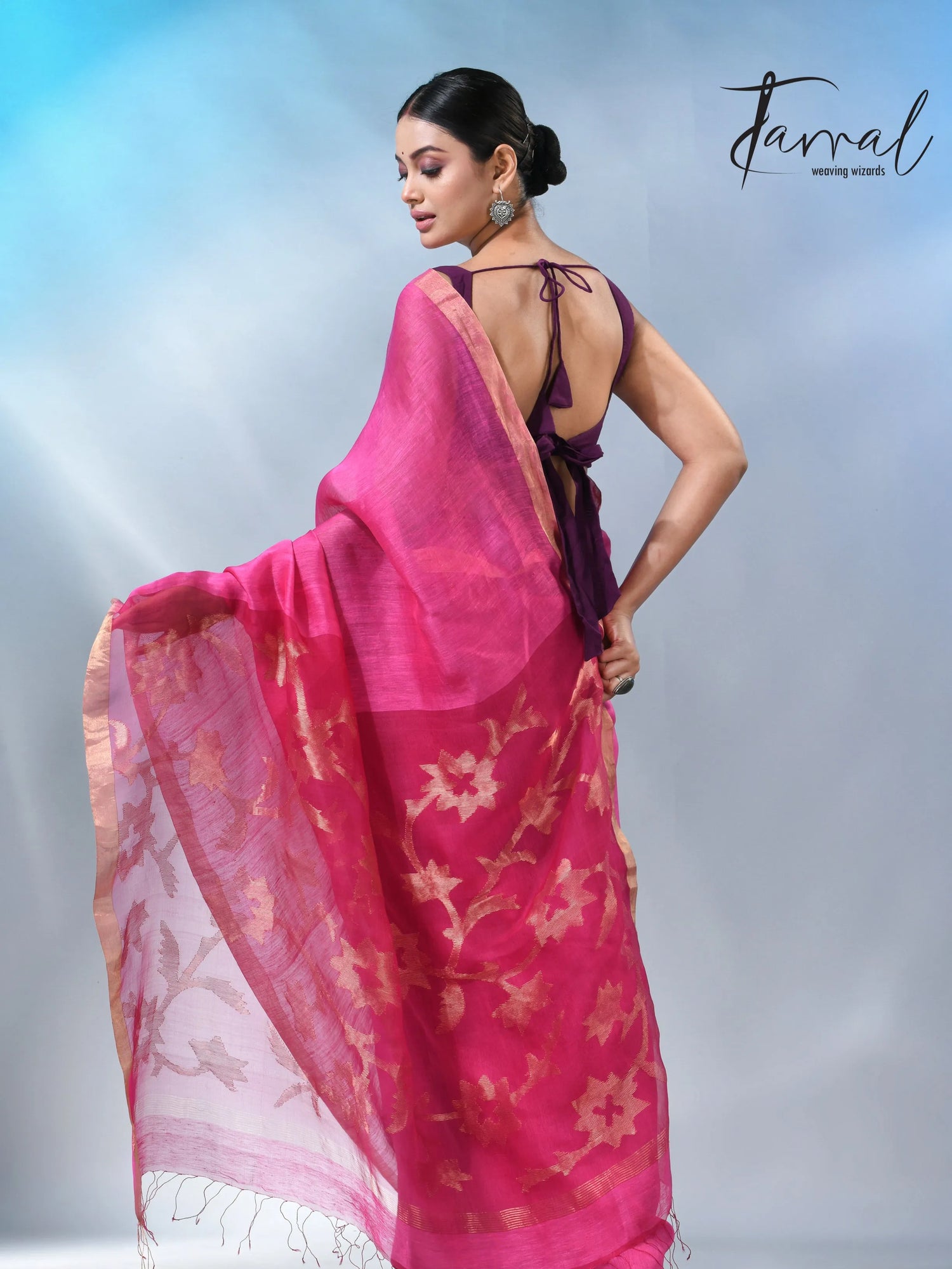 Hot Pink sunflower pallu silk linen handwoven jamdani saree