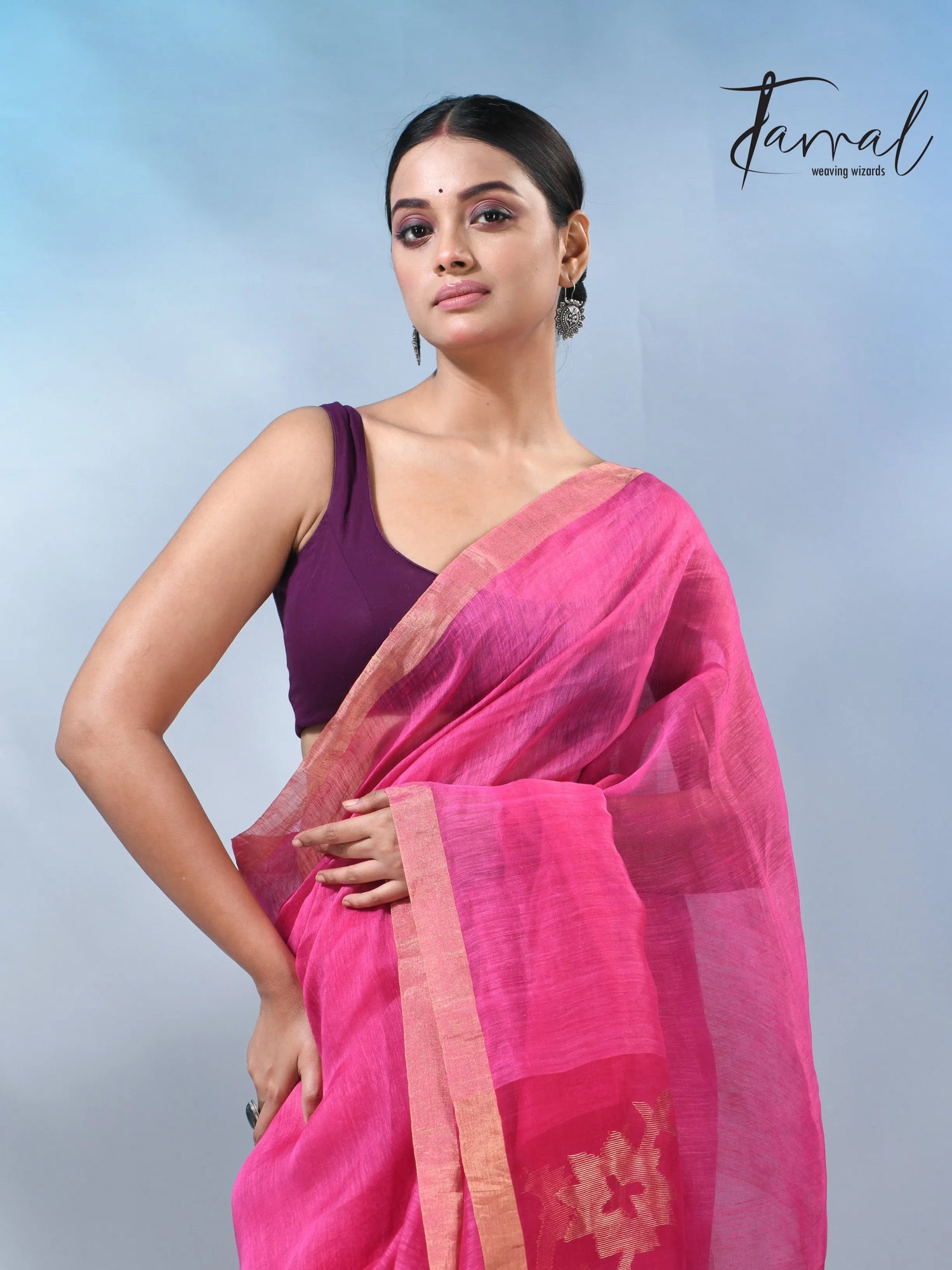 Hot Pink sunflower pallu silk linen handwoven jamdani saree