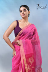 Hot Pink sunflower pallu silk linen handwoven jamdani saree
