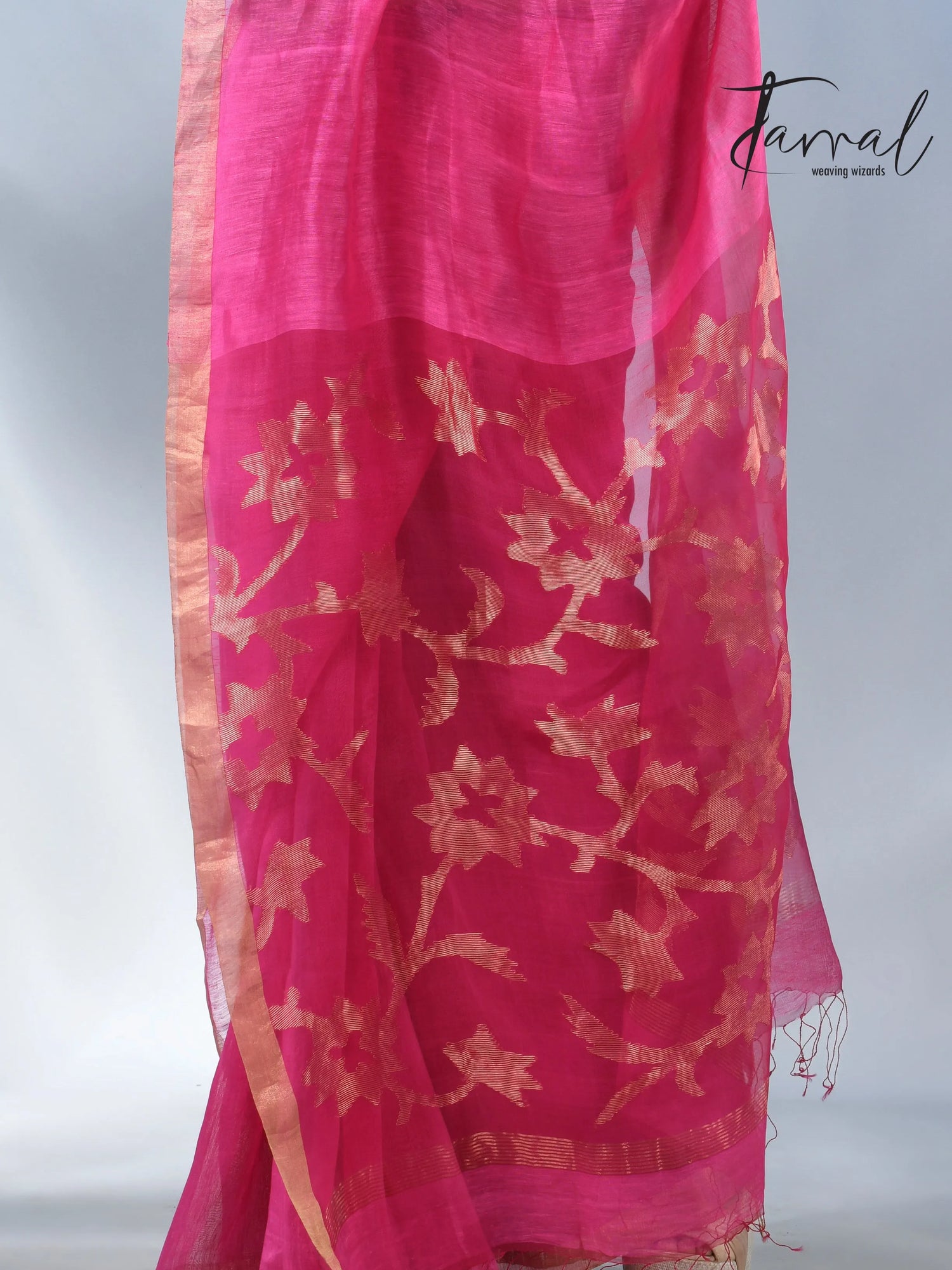 Hot Pink sunflower pallu silk linen handwoven jamdani saree