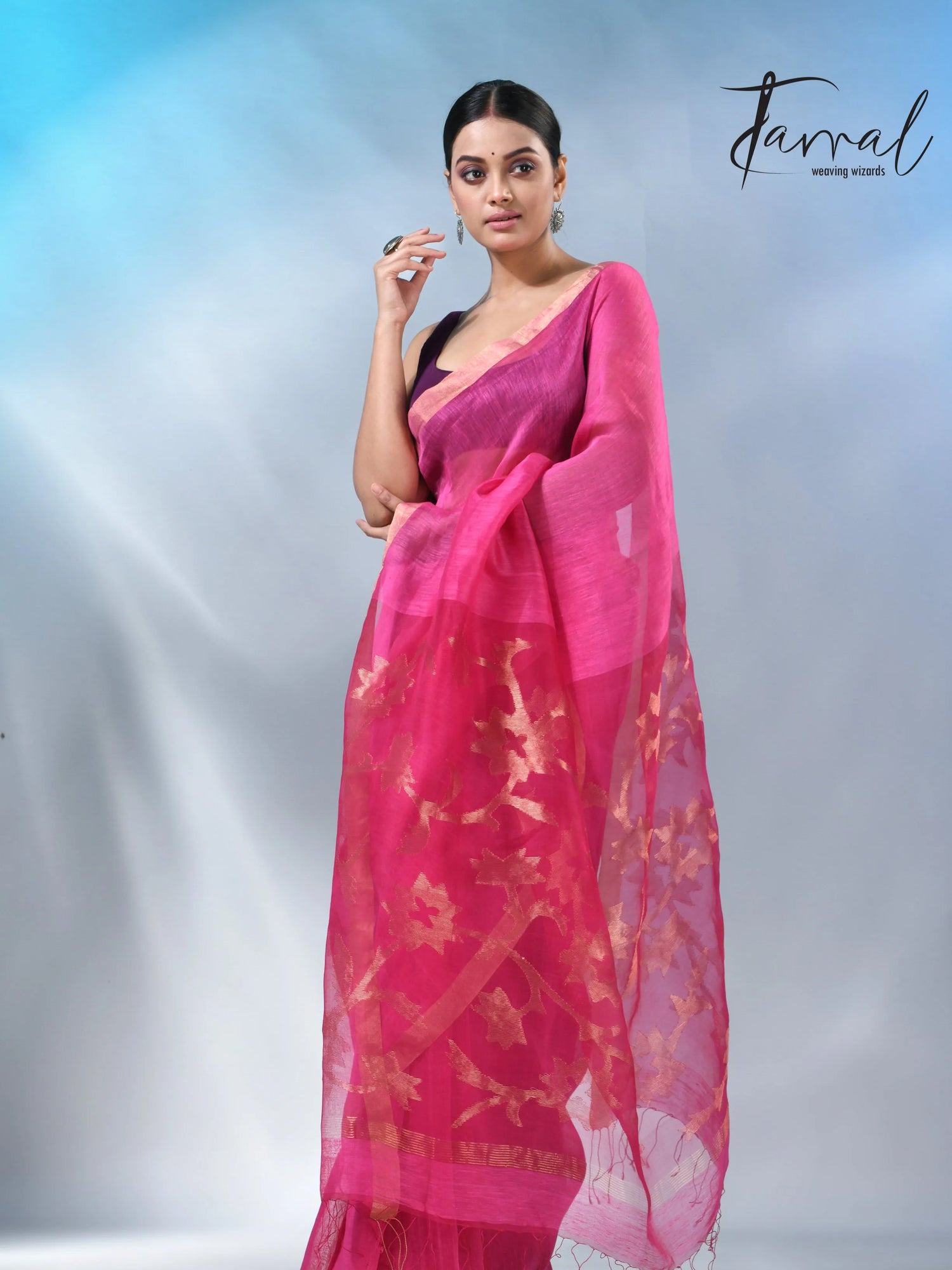 Hot Pink sunflower pallu silk linen handwoven jamdani saree