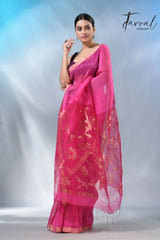 Hot Pink sunflower pallu silk linen handwoven jamdani saree