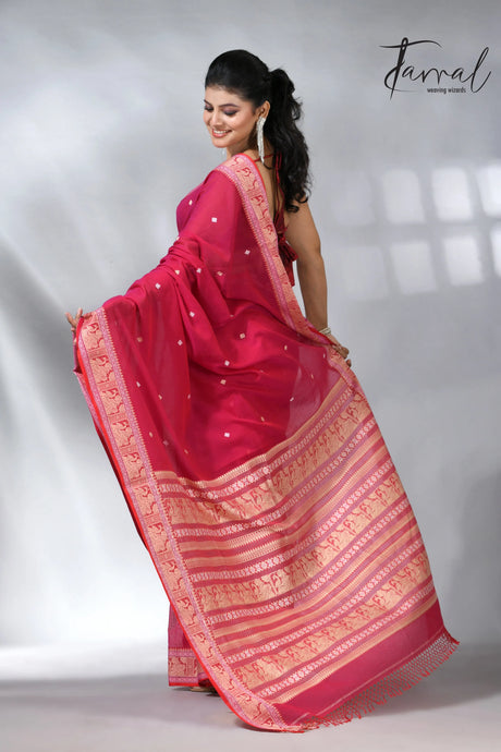 Hot pink colour in Baluchuri cotton handwoven jamdani saree