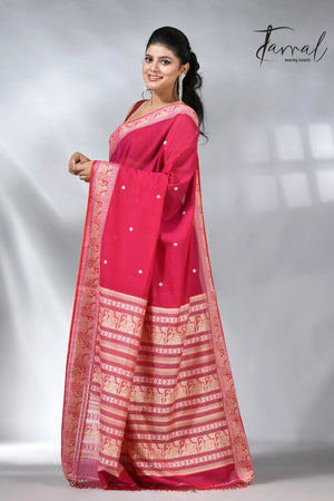 Hot pink colour in Baluchuri cotton handwoven jamdani saree