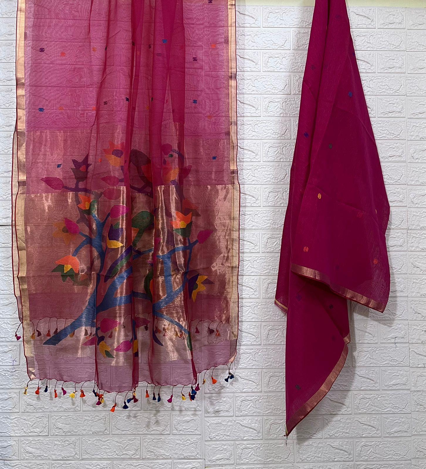 Hot pink paithani organza silk kurti & dupatta set - Tamal Boutique