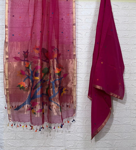 Hot pink paithani organza silk kurti & dupatta set - Tamal Boutique