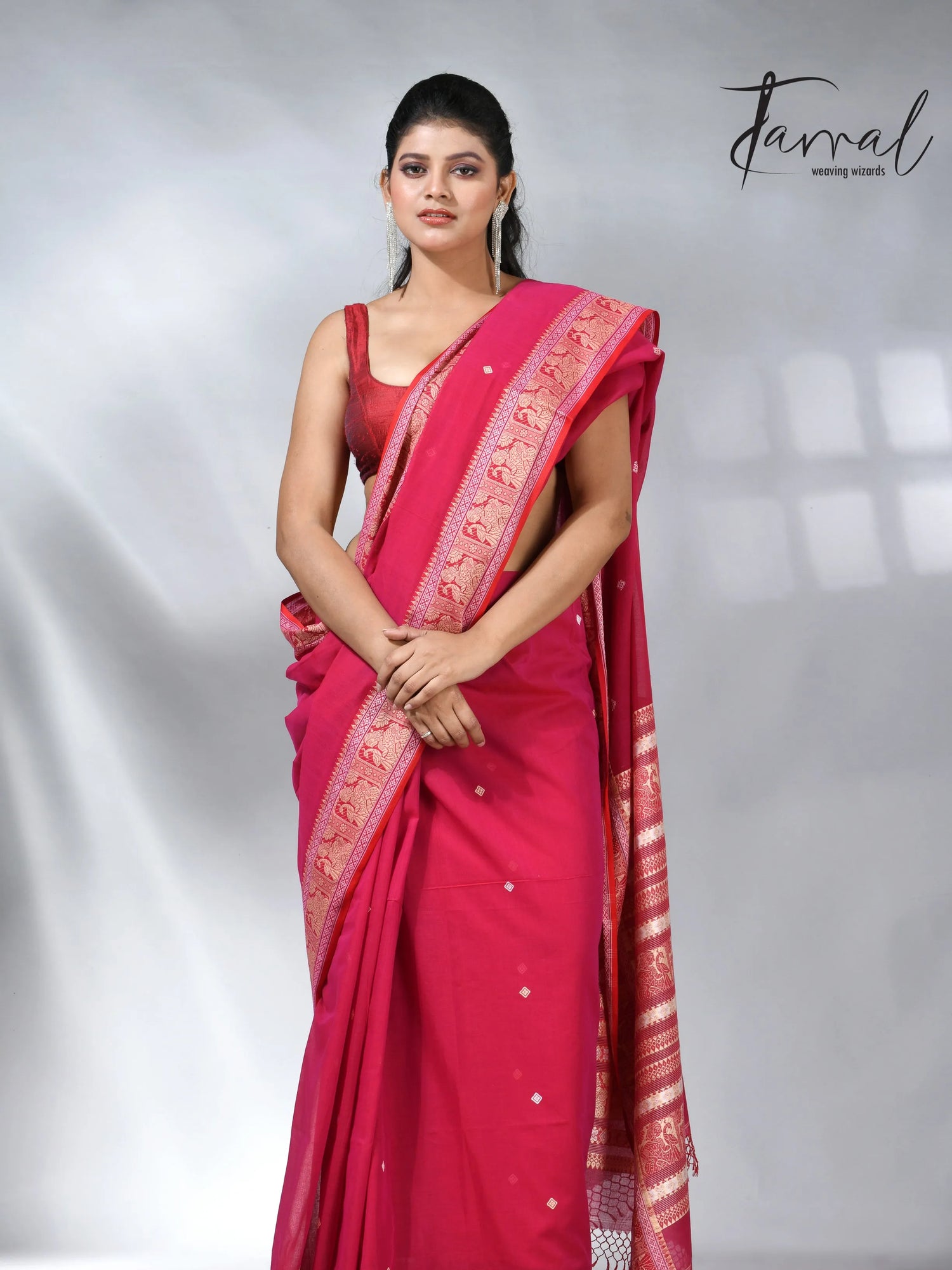 Hot pink colour pure cotton baluchuri design handloom saree