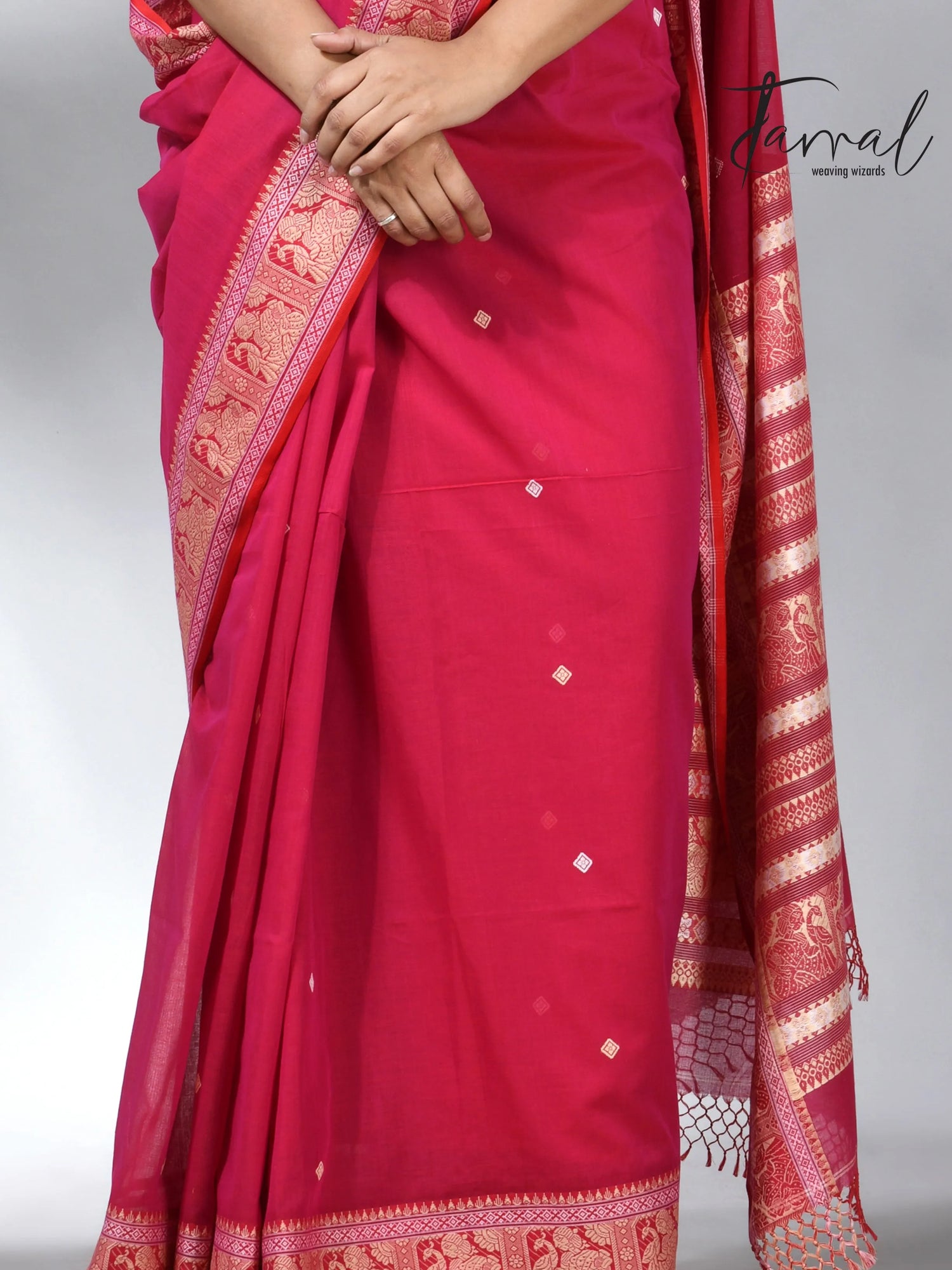 Hot pink colour pure cotton baluchuri design handloom saree