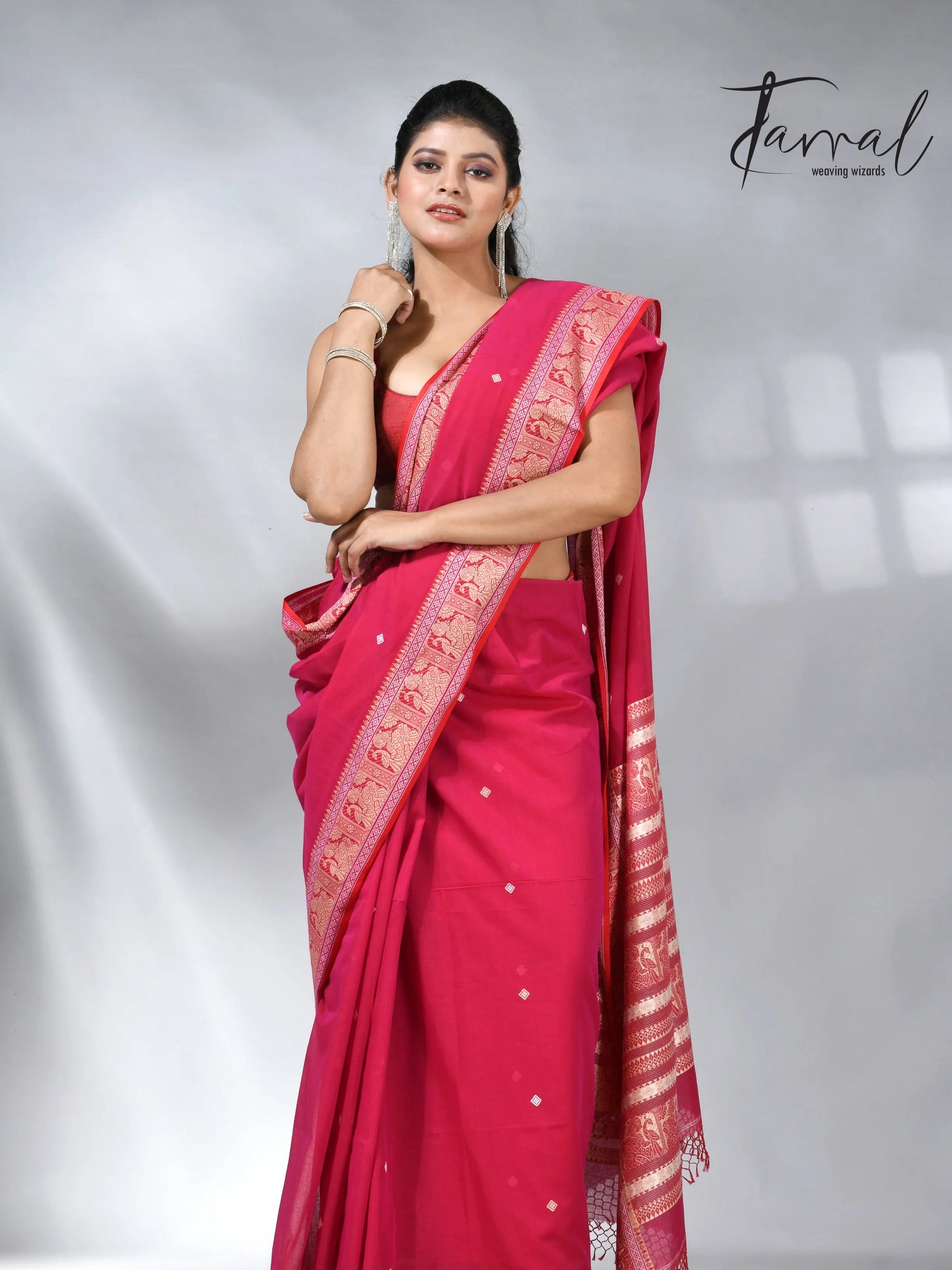 Hot pink colour pure cotton baluchuri design handloom saree