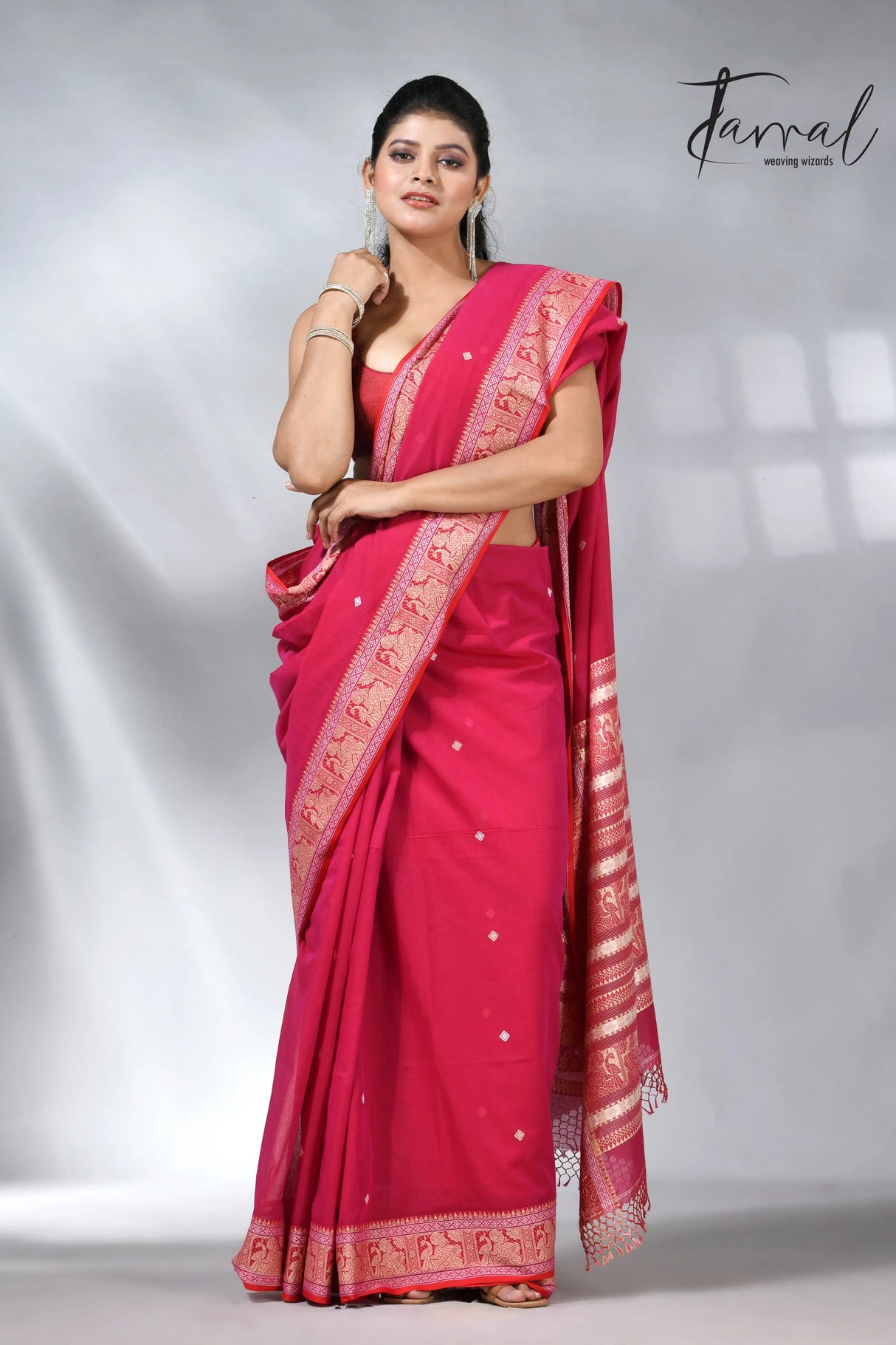 Hot pink colour pure cotton baluchuri design handloom saree