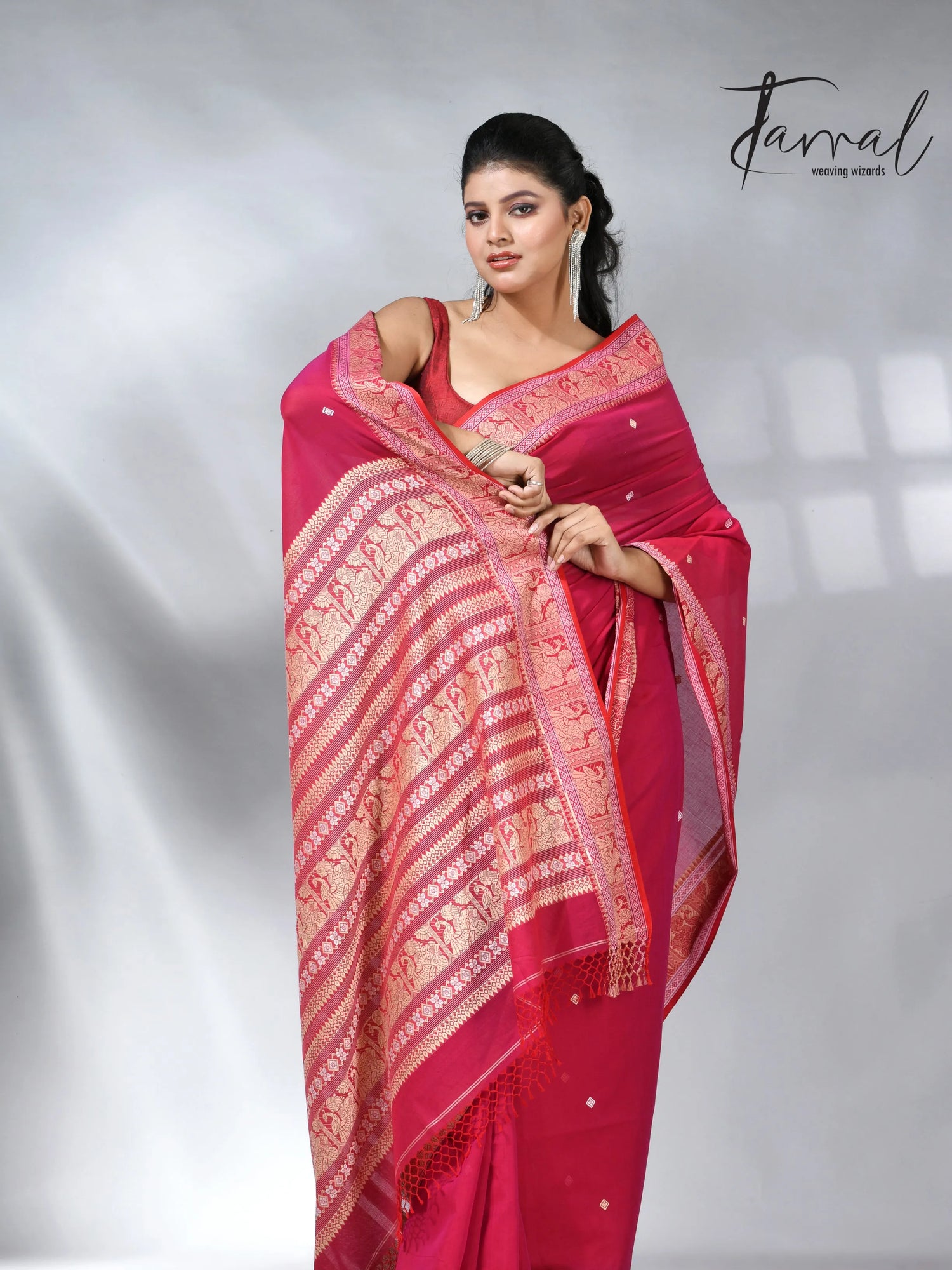Hot pink colour pure cotton baluchuri design handloom saree