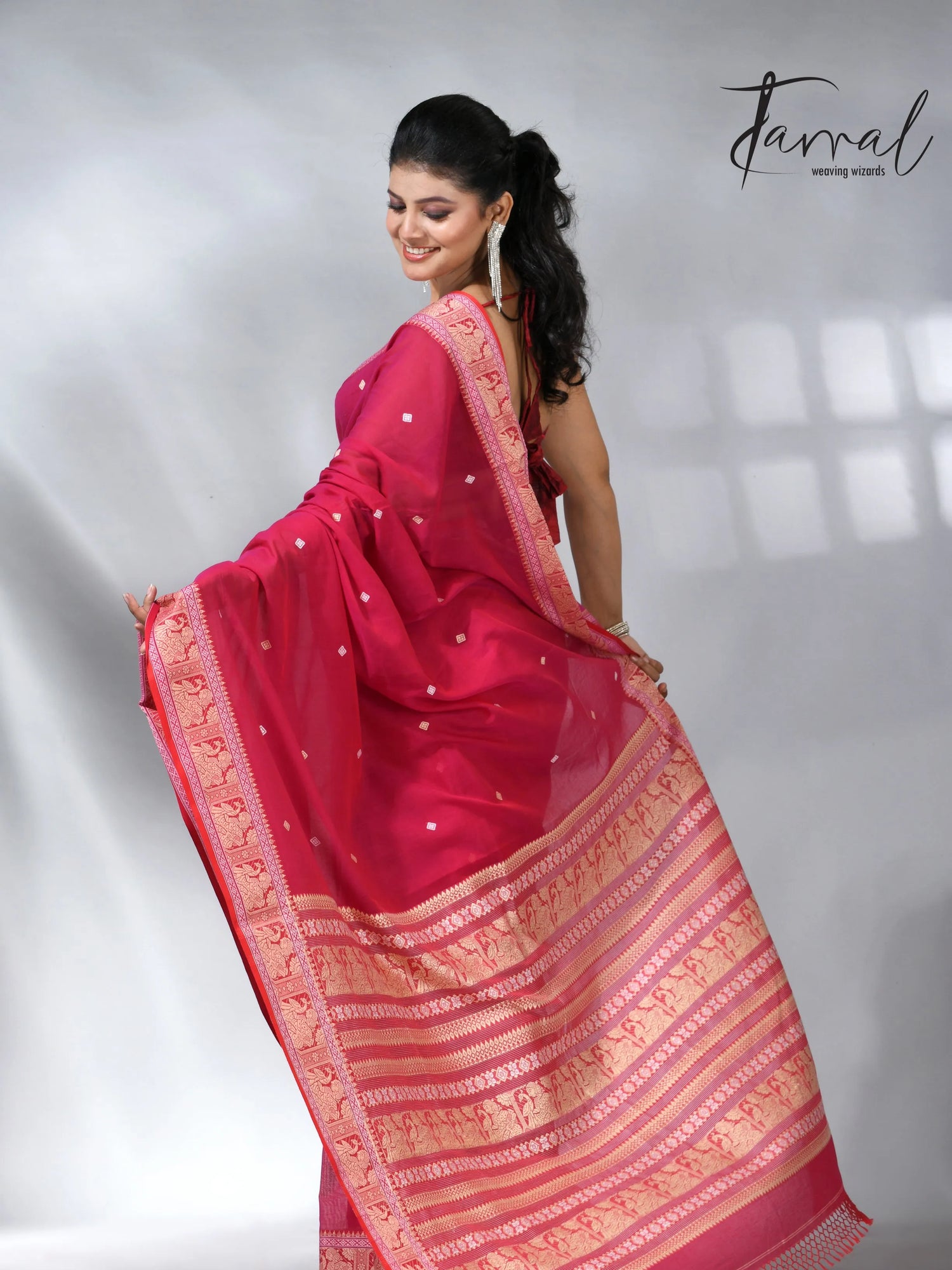 Hot pink colour pure cotton baluchuri design handloom saree