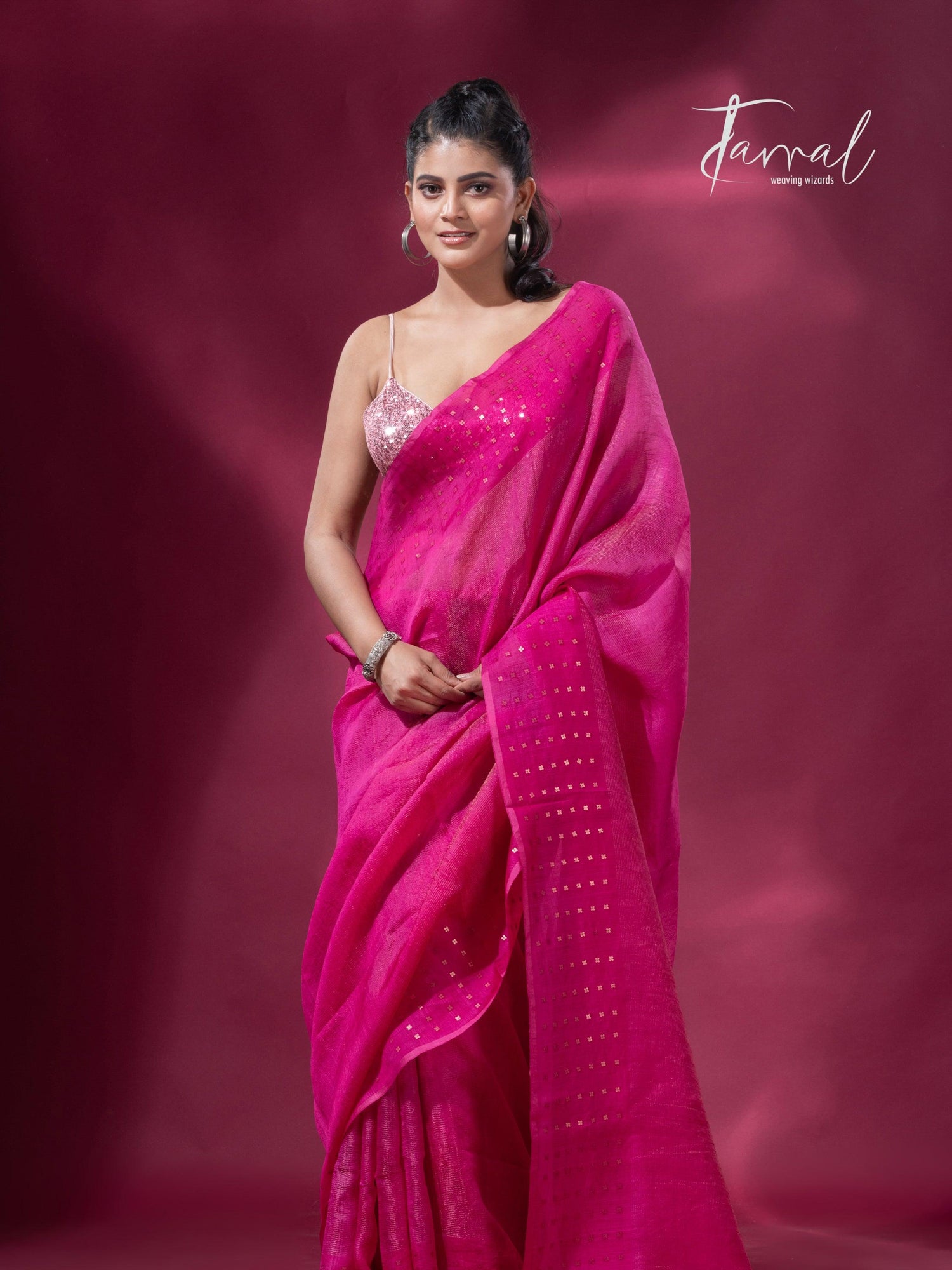 Hot pink noil tussar zari silk handloom border sequins Saree - Tamal Boutique