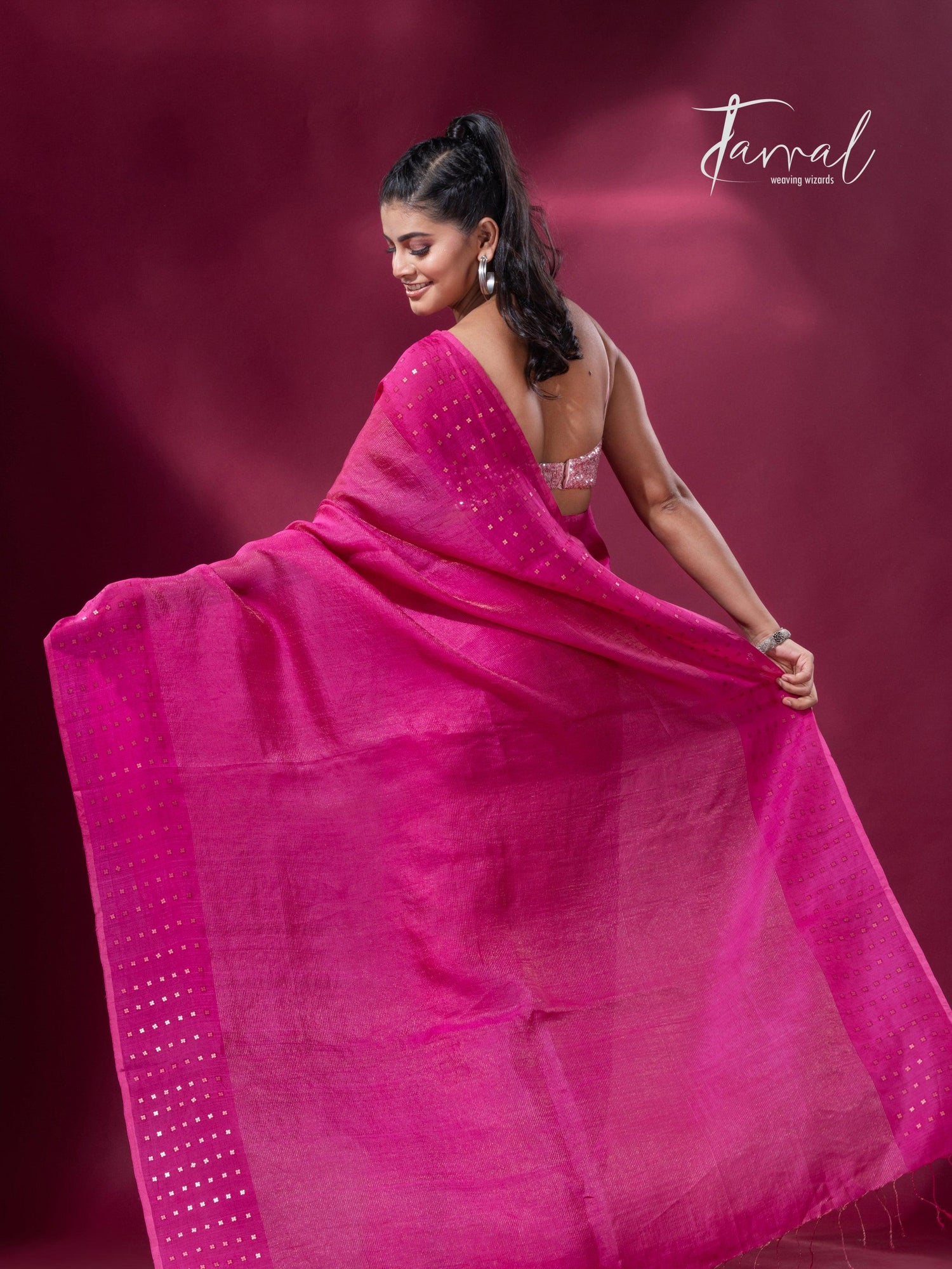 Hot pink noil tussar zari silk handloom border sequins Saree - Tamal Boutique
