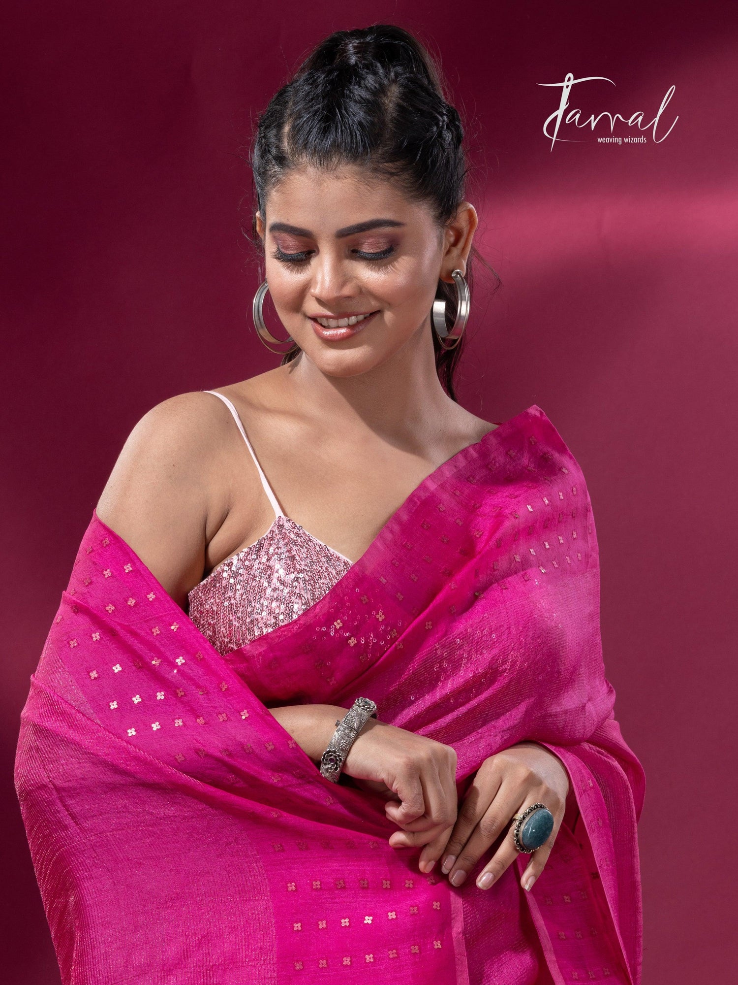 Hot pink noil tussar zari silk handloom border sequins Saree - Tamal Boutique