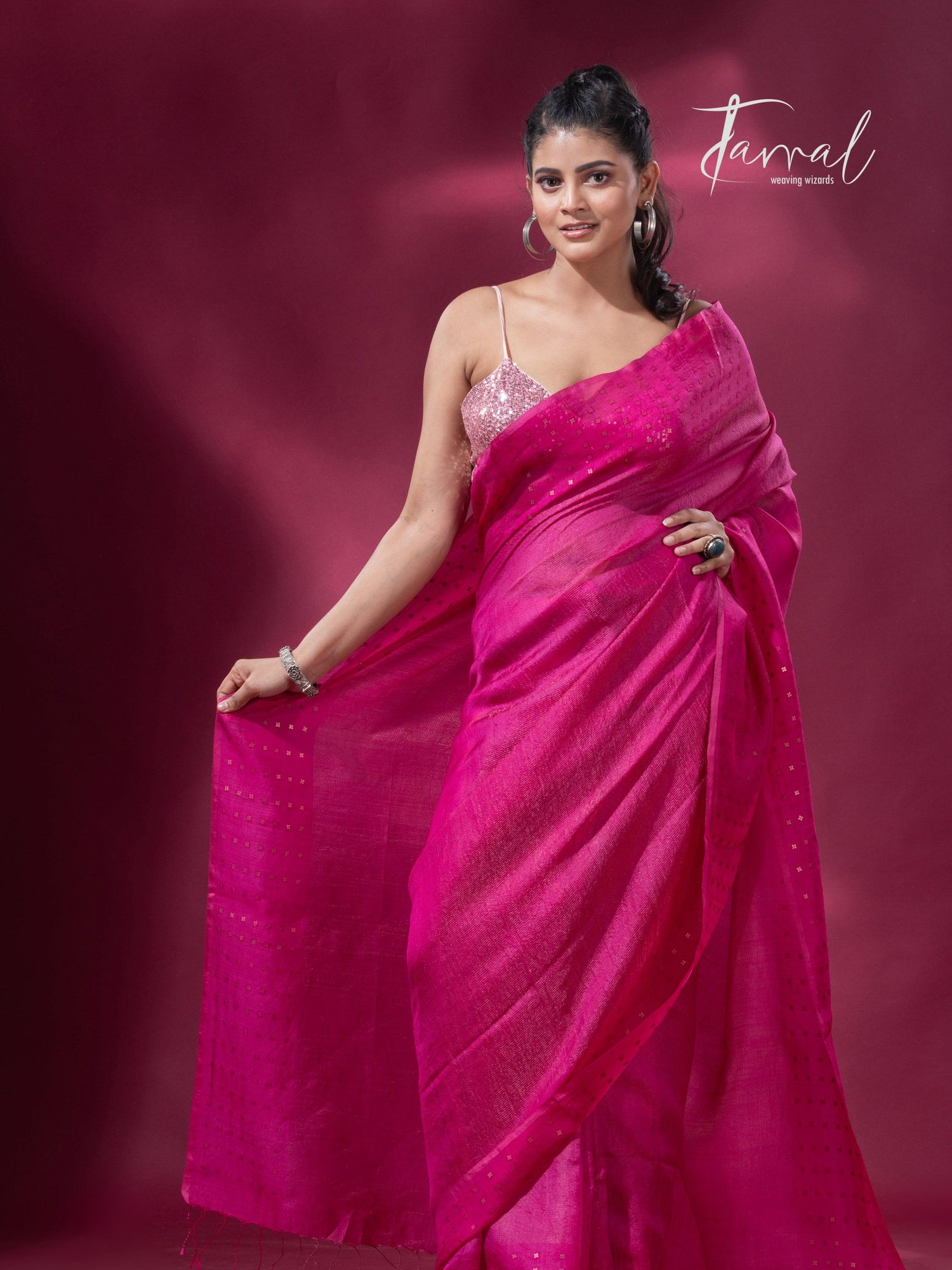Hot pink noil tussar zari silk handloom border sequins Saree - Tamal Boutique