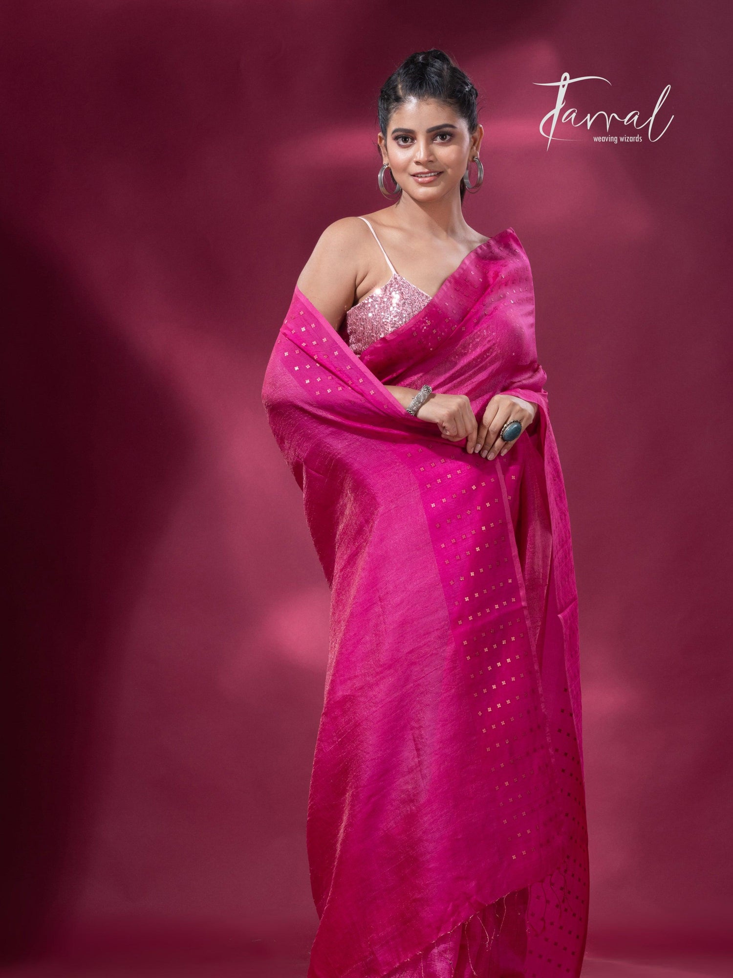 Hot pink noil tussar zari silk handloom border sequins Saree - Tamal Boutique