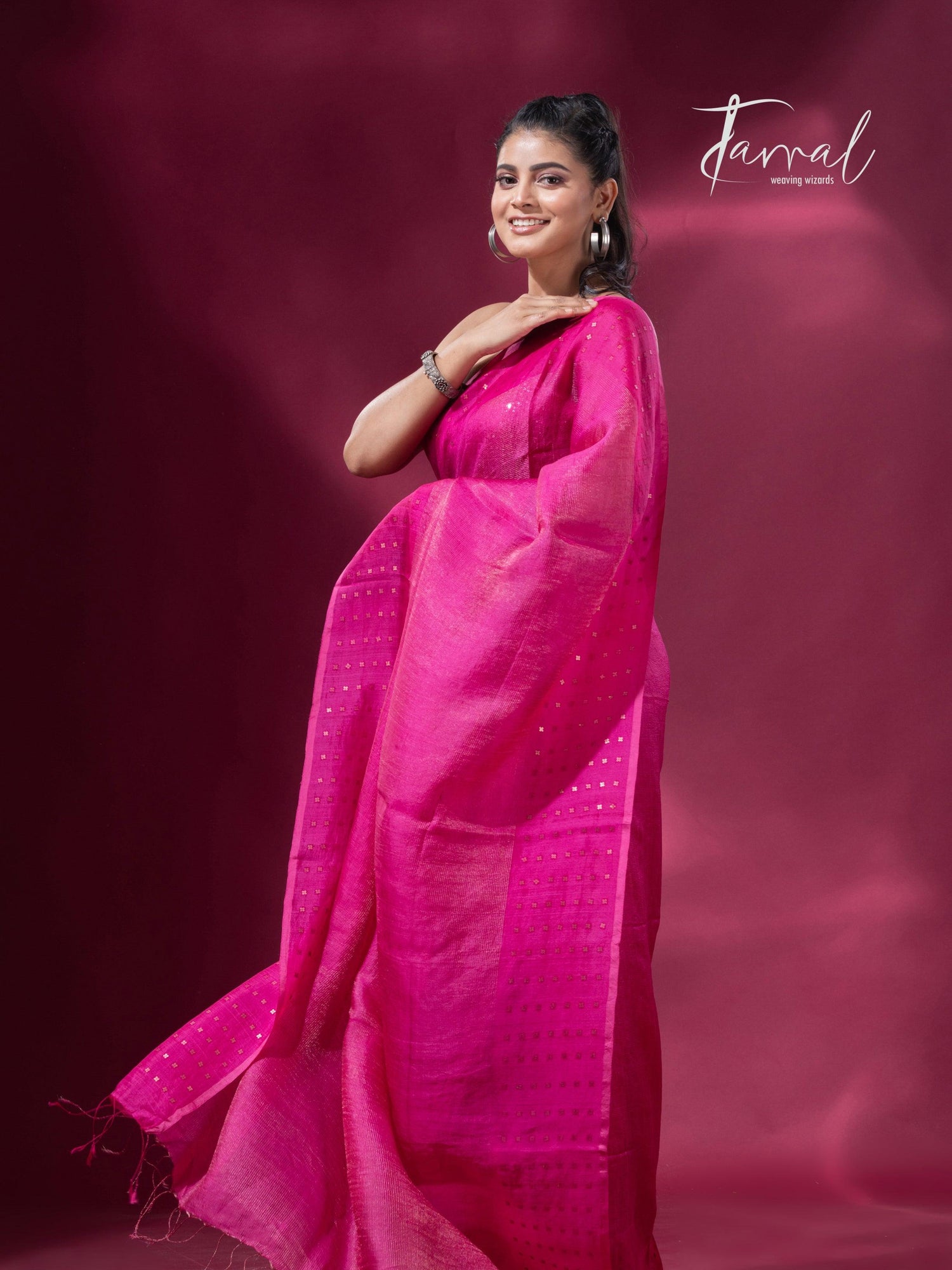 Hot pink noil tussar zari silk handloom border sequins Saree - Tamal Boutique