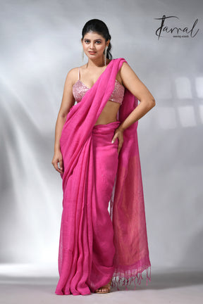 Hot pink with golden zari stripe pallu linen handloom saree