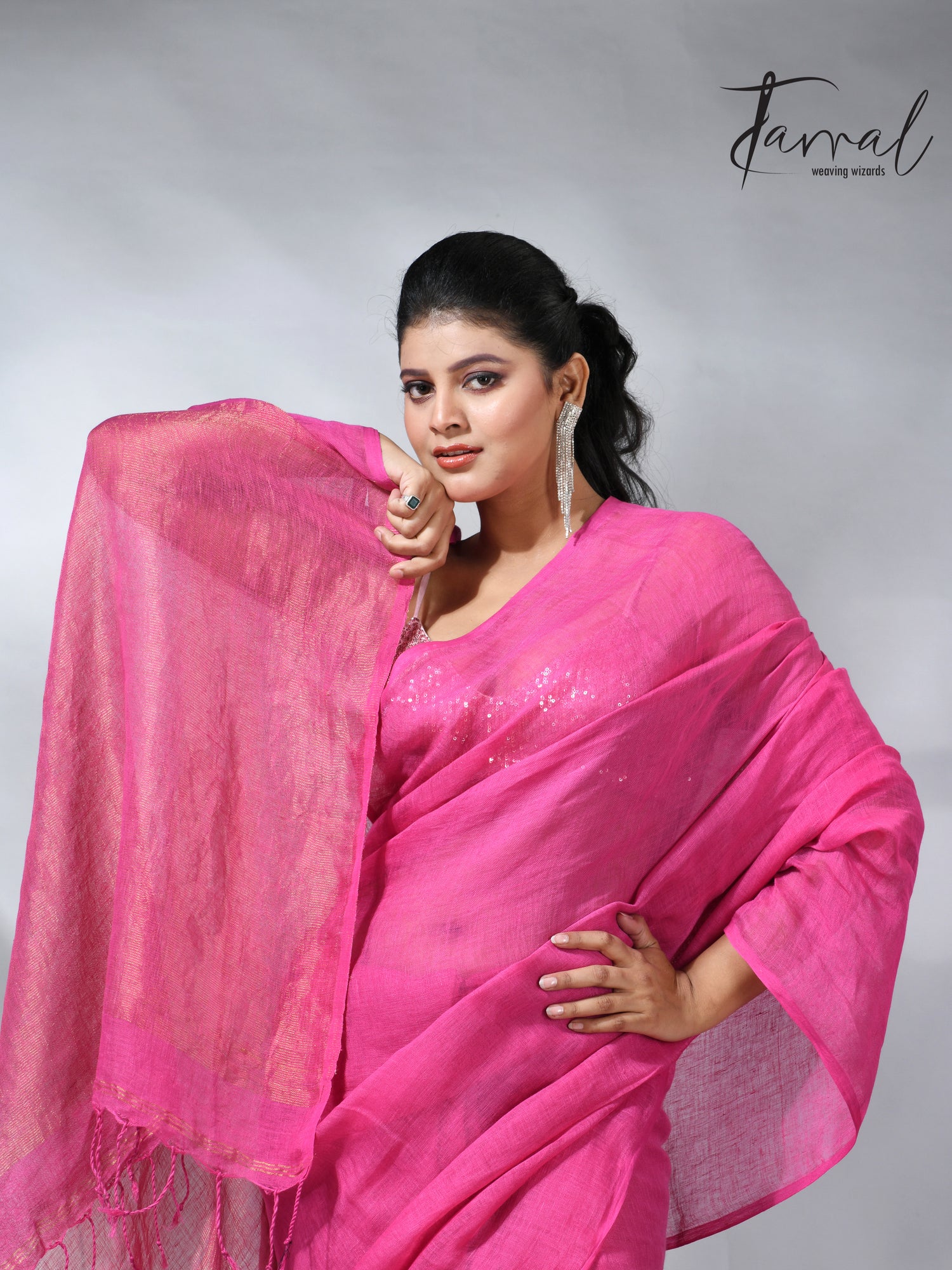 Hot pink with golden zari stripe pallu linen handloom saree