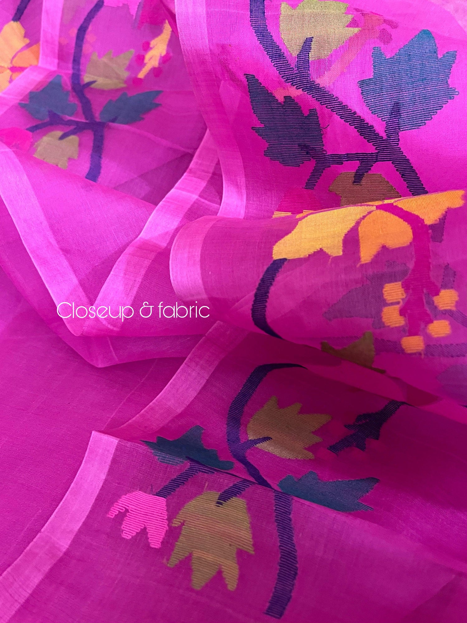 Hot pink with multi colour hibiscus handwoven muslin silk jamdani saree - Tamal Boutique