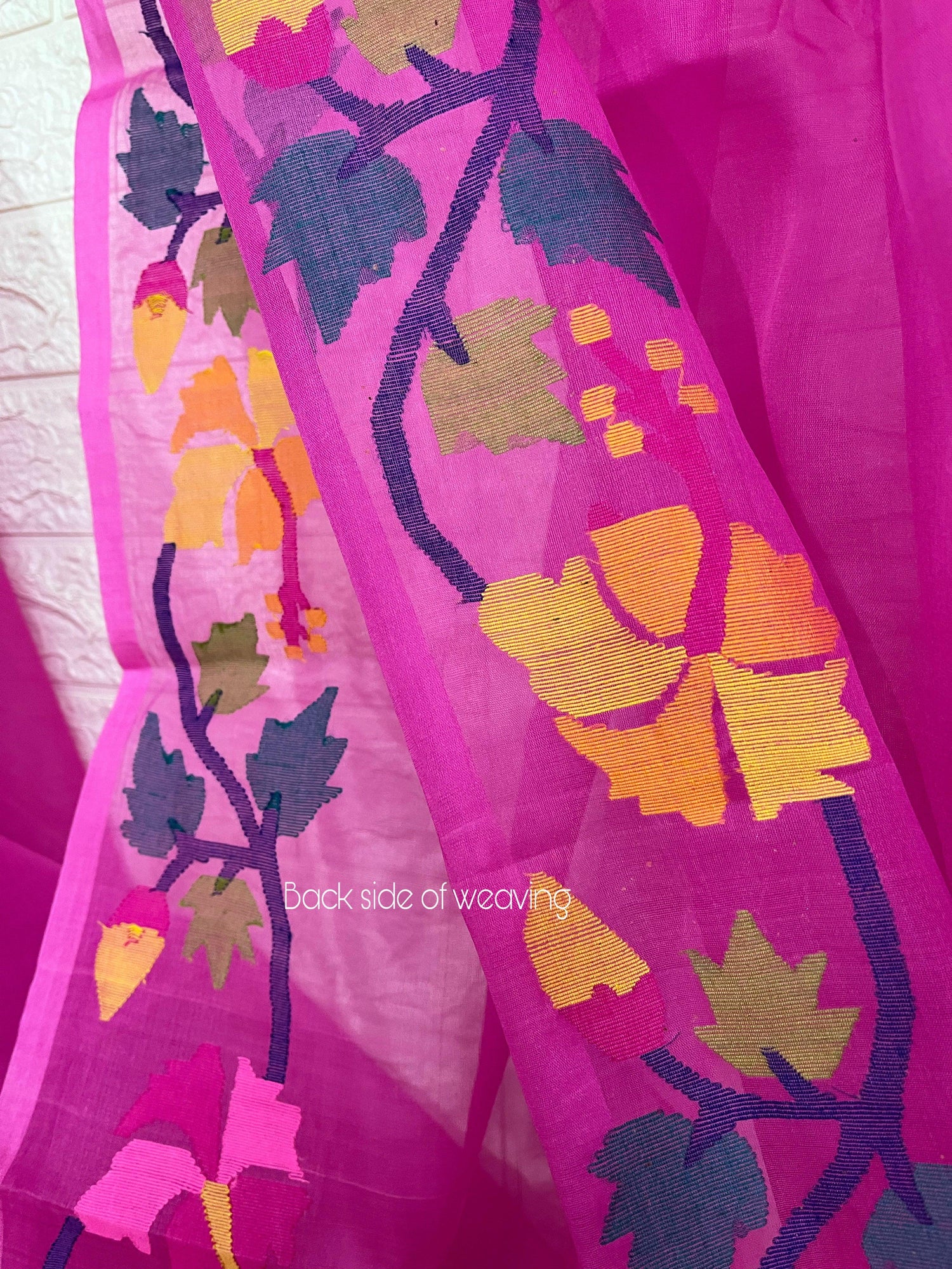 Hot pink with multi colour hibiscus handwoven muslin silk jamdani saree - Tamal Boutique