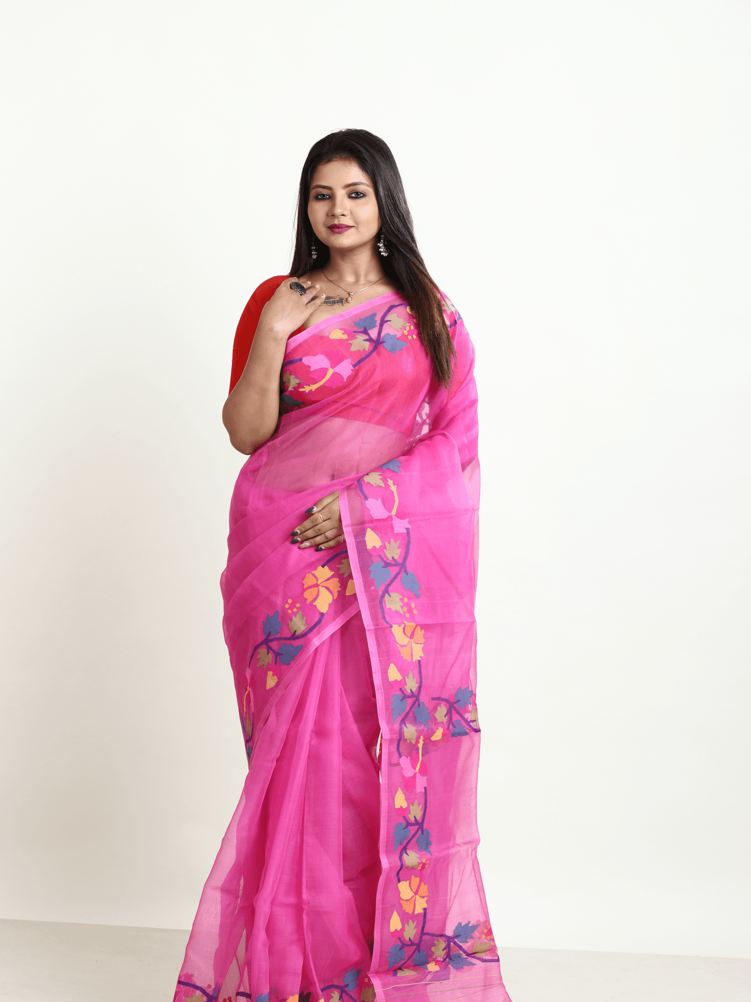 Hot pink with multi colour hibiscus handwoven muslin silk jamdani saree - Tamal Boutique