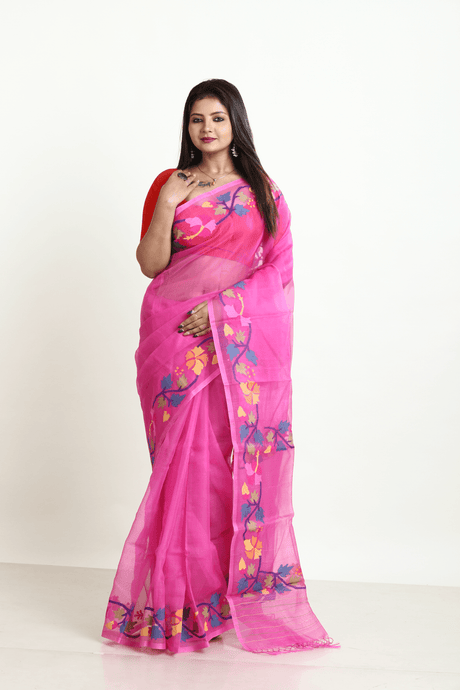 Hot pink with multi colour hibiscus handwoven muslin silk jamdani saree - Tamal Boutique