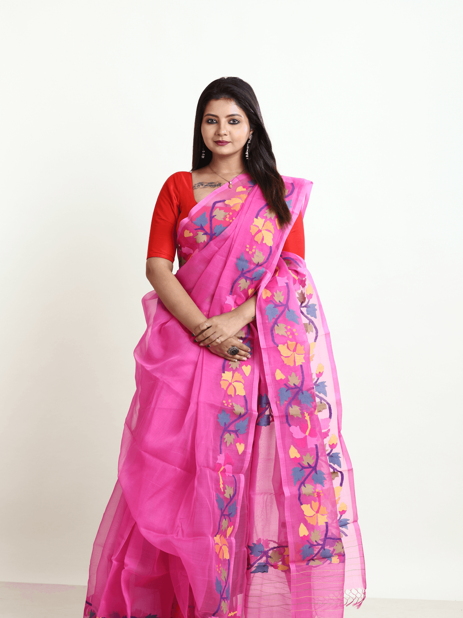 Hot pink with multi colour hibiscus handwoven muslin silk jamdani saree - Tamal Boutique