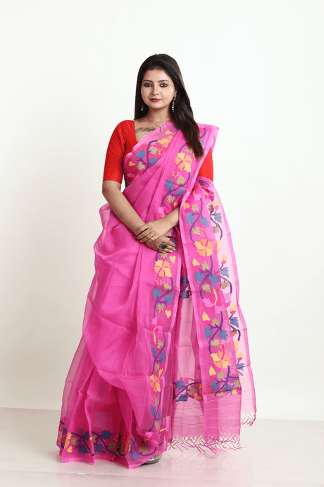 Hot pink with multi colour hibiscus handwoven muslin silk jamdani saree - Tamal Boutique