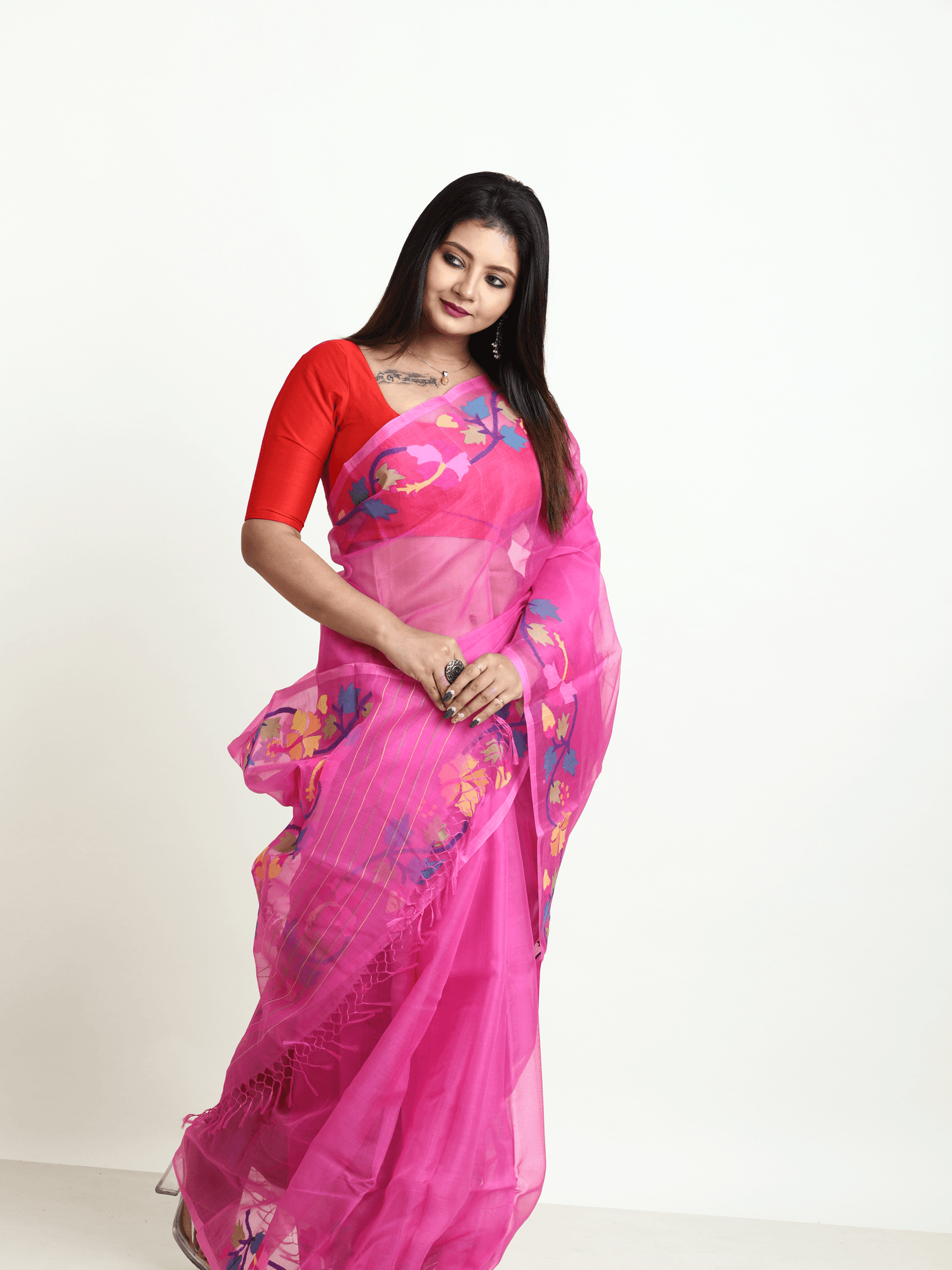 Hot pink with multi colour hibiscus handwoven muslin silk jamdani saree - Tamal Boutique