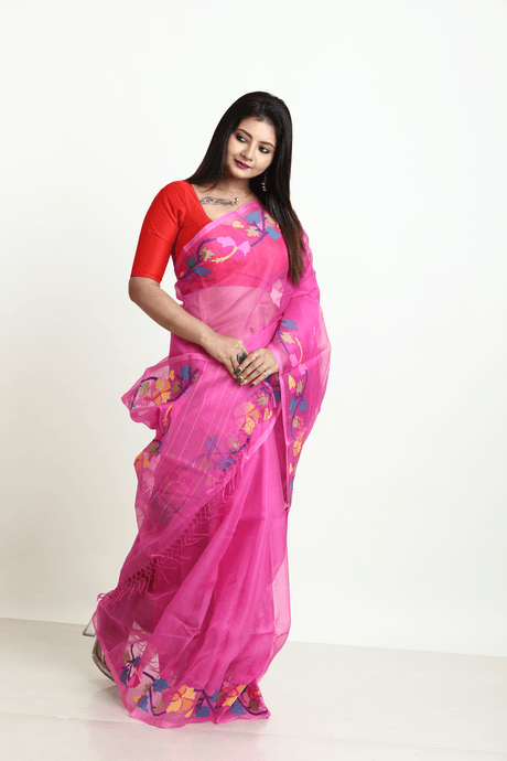 Hot pink with multi colour hibiscus handwoven muslin silk jamdani saree - Tamal Boutique
