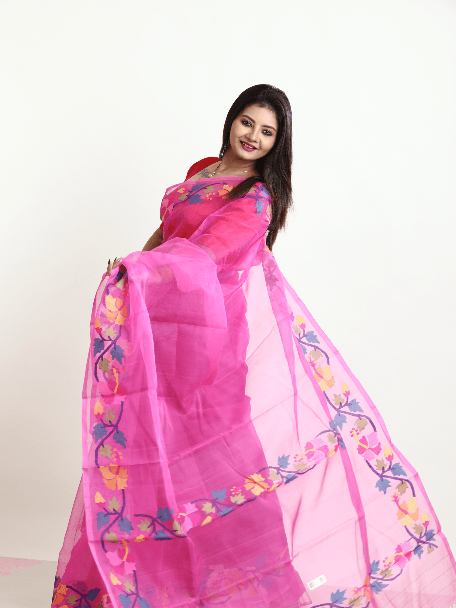 Hot pink with multi colour hibiscus handwoven muslin silk jamdani saree - Tamal Boutique