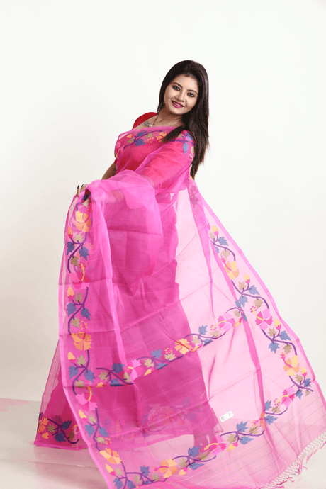 Hot pink with multi colour hibiscus handwoven muslin silk jamdani saree - Tamal Boutique