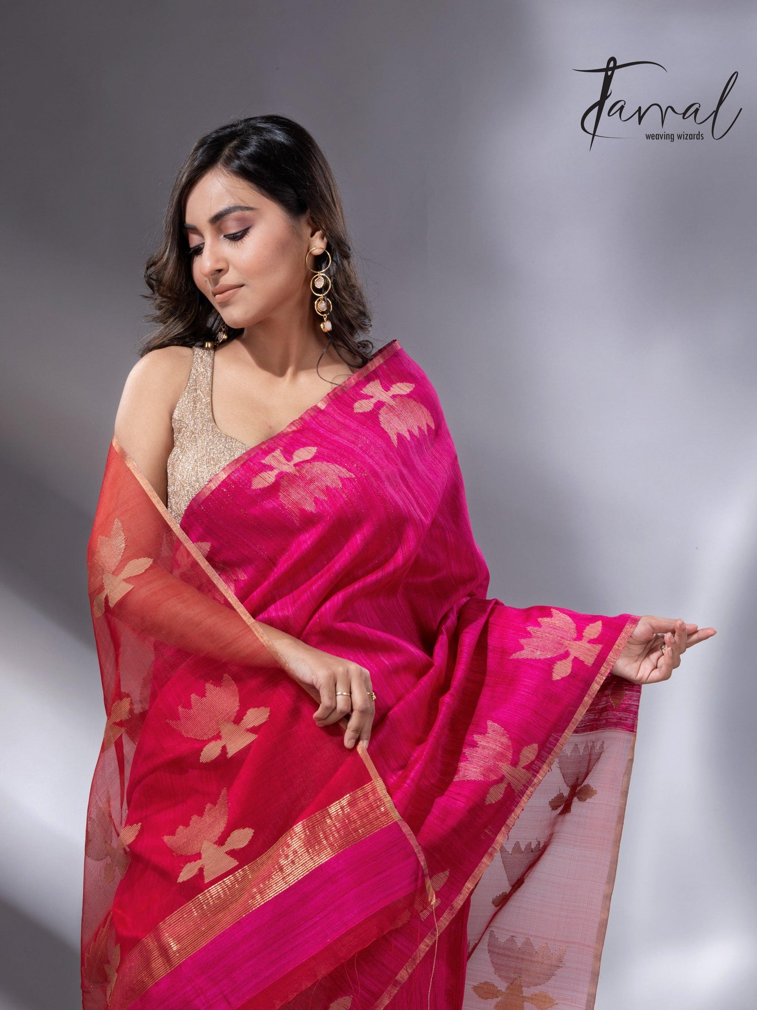 Hot pink with zari golden lotus matka silk handwoven jamdani saree - Tamal Boutique