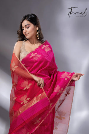 Hot pink with zari golden lotus matka silk handwoven jamdani saree - Tamal Boutique