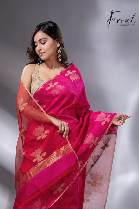 Hot pink with zari golden lotus matka silk handwoven jamdani saree - Tamal Boutique
