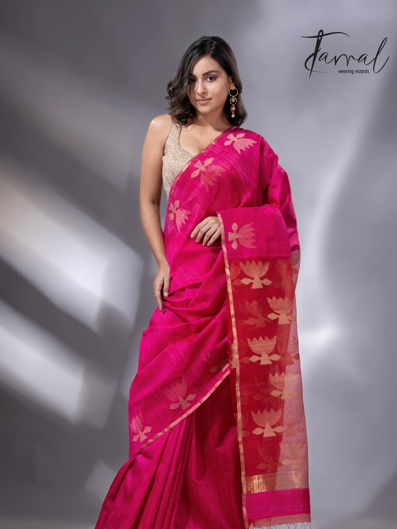 Hot pink with zari golden lotus matka silk handwoven jamdani saree - Tamal Boutique