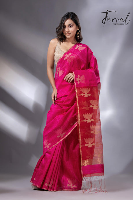Hot pink with zari golden lotus matka silk handwoven jamdani saree - Tamal Boutique