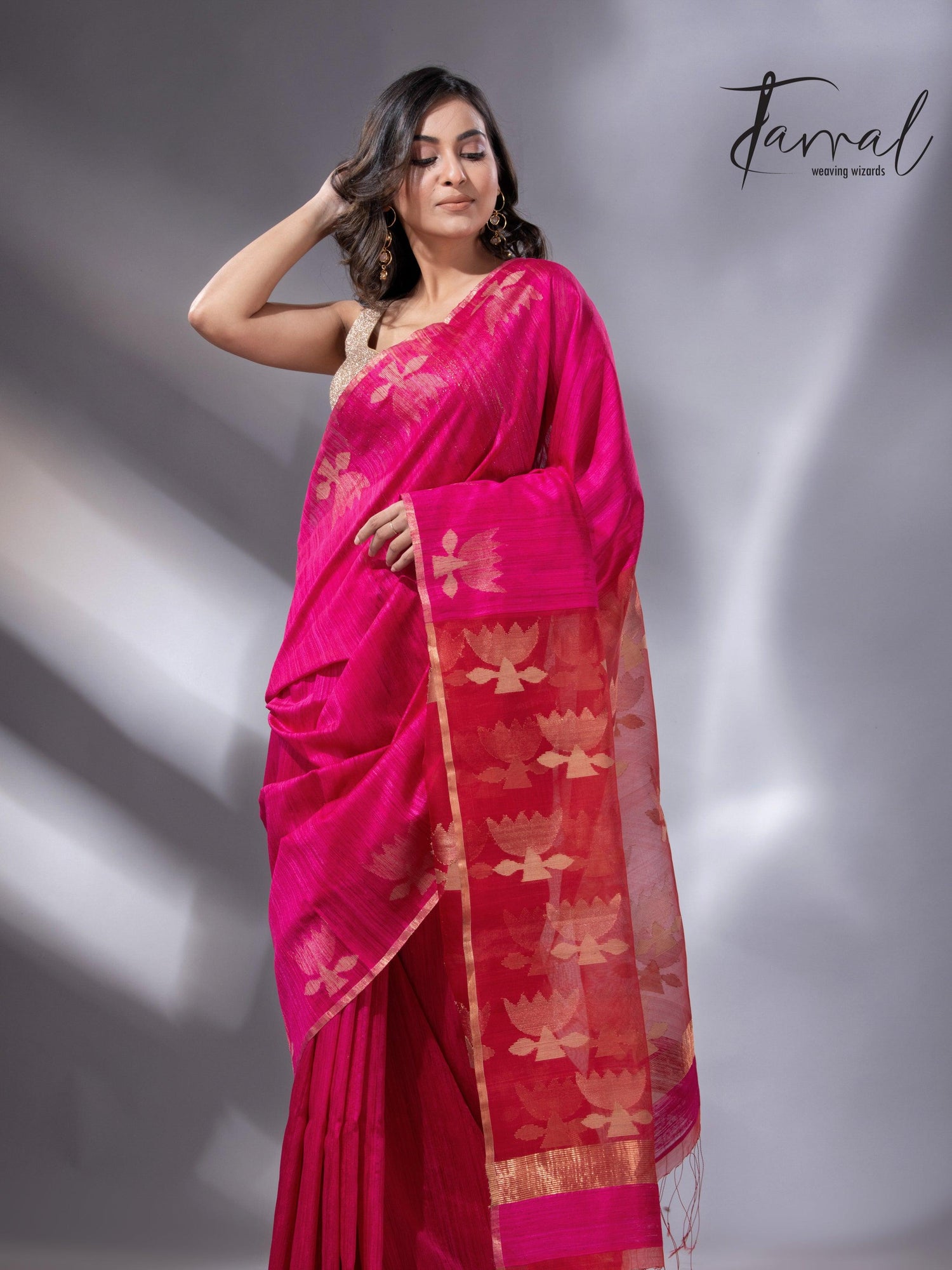 Hot pink with zari golden lotus matka silk handwoven jamdani saree - Tamal Boutique