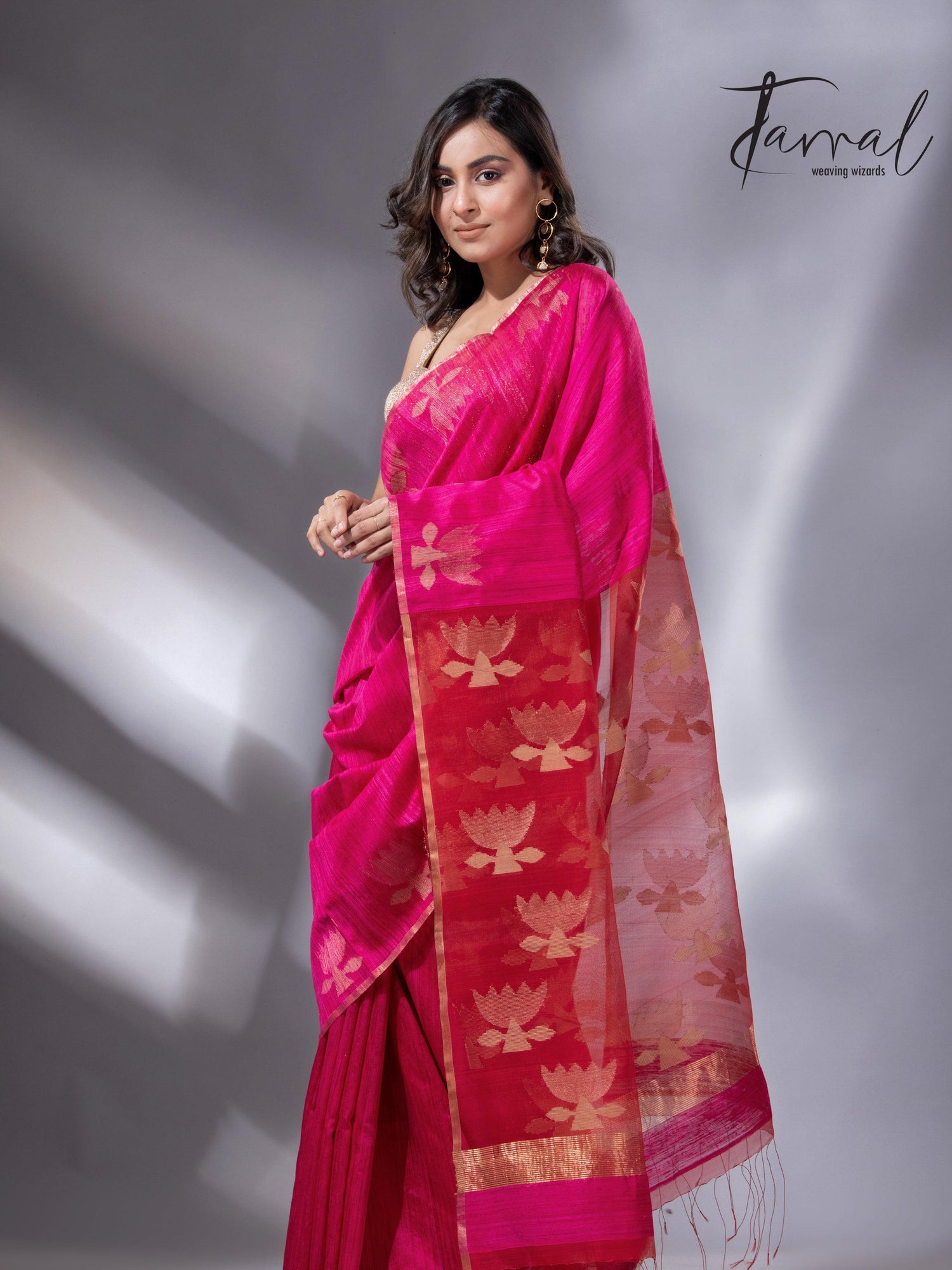 Hot pink with zari golden lotus matka silk handwoven jamdani saree - Tamal Boutique